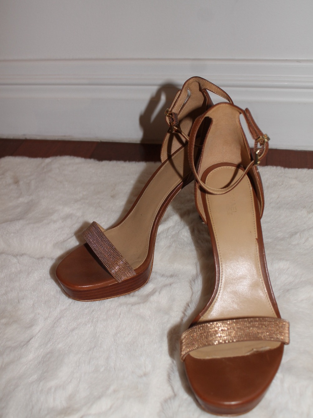 Michael Kors Vintage Open-Toe Heels in Brown and Gold